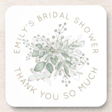 Watercolor Sage Gold Foliage Bridal Shower Favor B Beverage Coaster