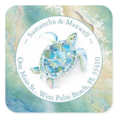 Watercolor Sea Turtle & Beach Return Address Square Sticker
