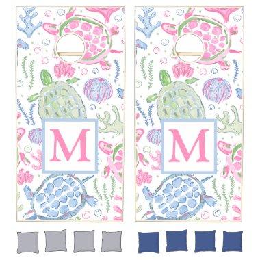 Watercolor Sea Turtles Coastal Ocean Monogram Cornhole Set
