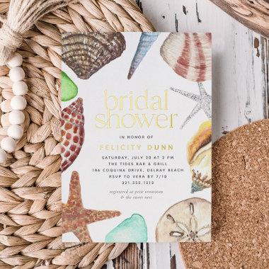 Watercolor Seashell Beach Bridal Shower Gold Foil Invitations