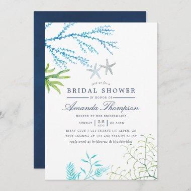 Watercolor Seaweed Beach Themed Bridal Shower Invitations