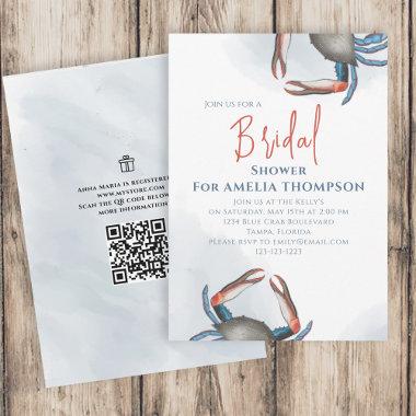 Watercolor Simple Bridal Shower Blue Crab QR Code Invitations
