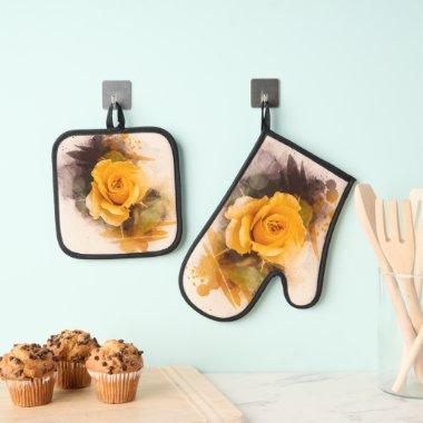 Watercolor Single Yellow Rose Oven Mitt & Pot Holder Set