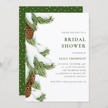 Watercolor Snowy Pine Needles Bridal Shower Invitations