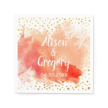 Watercolor splash coral reef gold confetti wedding napkins