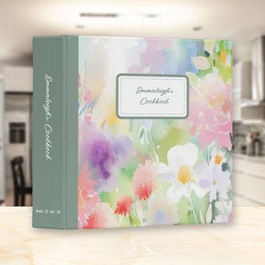 Watercolor Spring Floral Cookbook Recipe 3 Ring Binder
