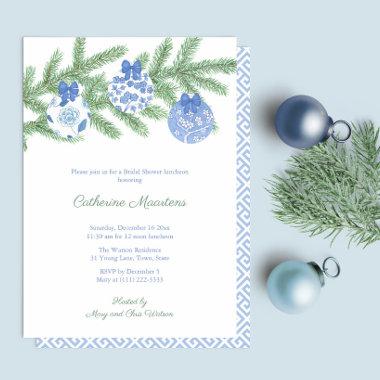 Watercolor Spruce Blue White Baubles Bridal Shower Invitations