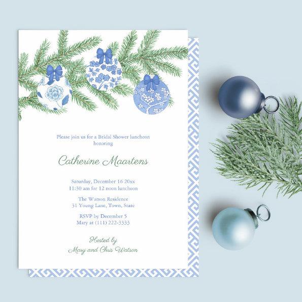 Watercolor Spruce Blue White Baubles Bridal Shower Invitations