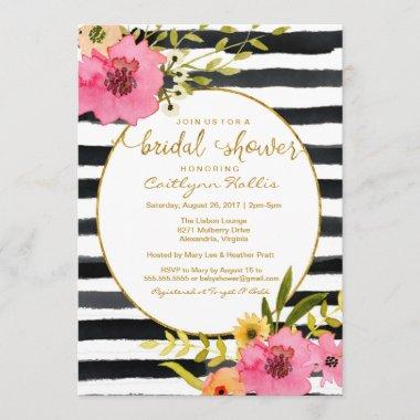 Watercolor Stripe Bright Floral Bridal Shower Invitations
