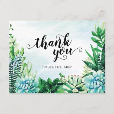Watercolor Succulent Bridal Shower Flat Thank You PostInvitations