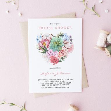 Watercolor Succulent Floral Heart Bridal Shower Invitations
