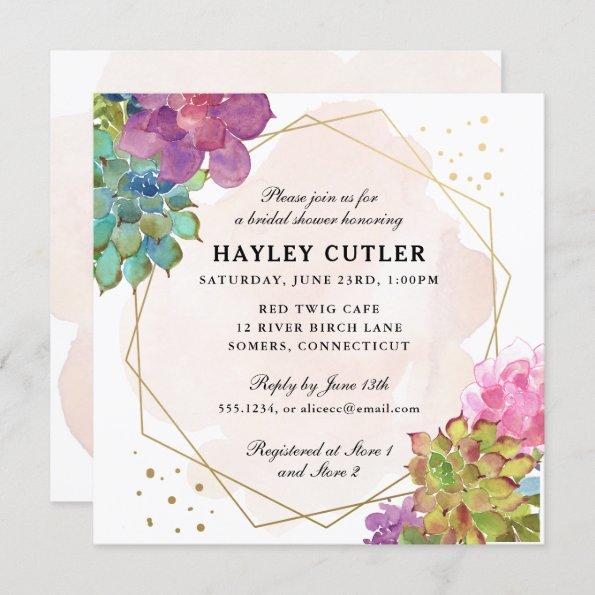 Watercolor Succulent Gold Terrarium Bridal Shower Invitations