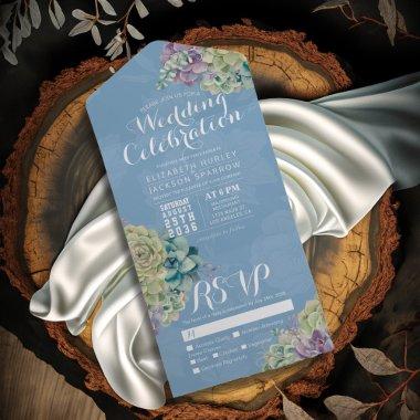 Watercolor Succulent Plant Light Blue Wedding RSVP All In One Invitations