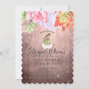 Watercolor Succulents Bird Peach Bridal Shower Invitations
