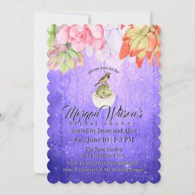 Watercolor Succulents Bird Purple Bridal Shower Invitations