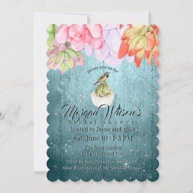 Watercolor Succulents Bird Teal Bridal Shower Invitations