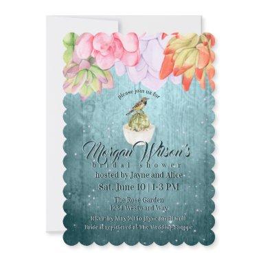 Watercolor Succulents Bird Teal Bridal Shower Invitations