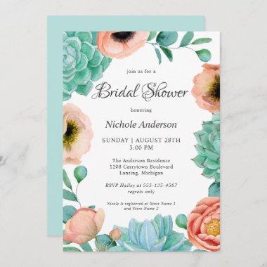 Watercolor Succulents Floral Bridal Shower Invitations