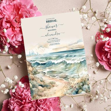 Watercolor Summer Ocean Beach Wedding Invitations