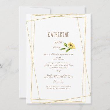 Watercolor Sunflower Stem Modern Bridal Shower Invitations