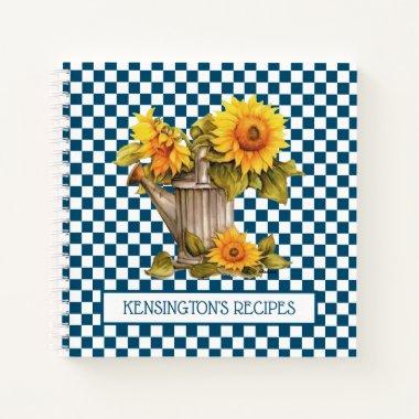Watercolor Sunflowers Blue Checkered Recipe Notebook