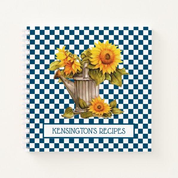 Watercolor Sunflowers Blue Checkered Recipe Notebook