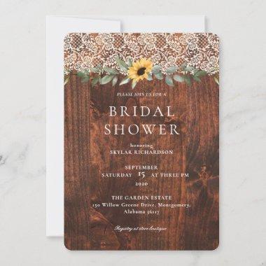 Watercolor Sunflowers Lace Woodgrain Bridal Shower Invitations