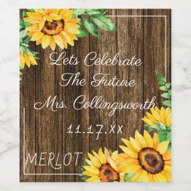 Watercolor Sunflowers On Wood Look Sparkling Wine Wine Label