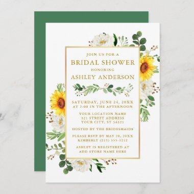 Watercolor Sunflowers White Floral Bridal Shower Invitations