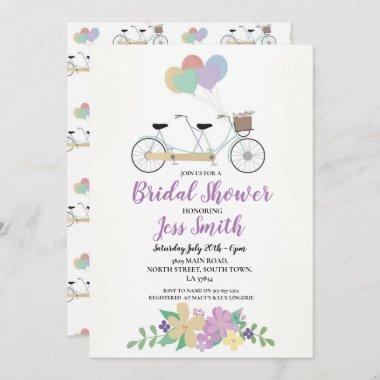 Watercolor Tandem Bridal Shower Party Flowers Bike Invitations