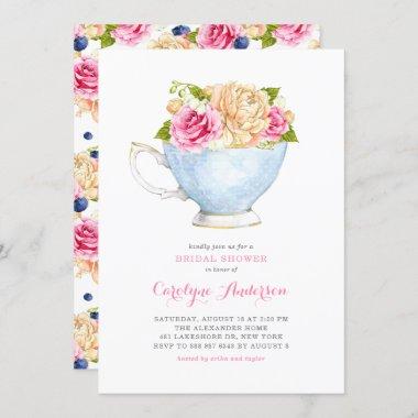 Watercolor Teacup Bouquet Flowers Bridal Shower Invitations