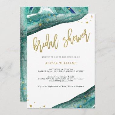 Watercolor Teal and Gold Geode Bridal Shower Invitations