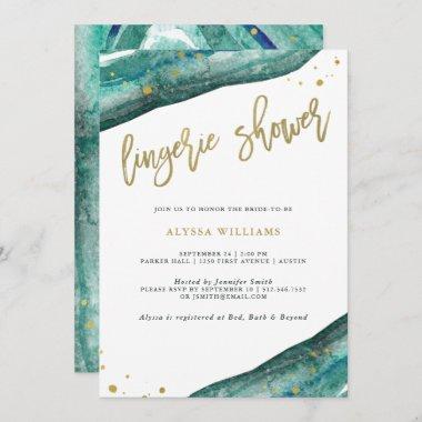 Watercolor Teal and Gold Geode Lingerie Shower Invitations