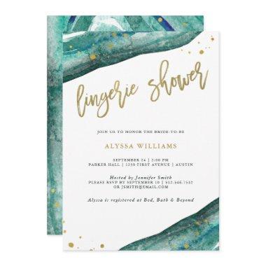 Watercolor Teal and Gold Geode Lingerie Shower Invitations