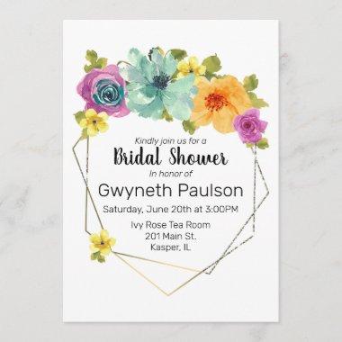 Watercolor Teal Orange Yellow Pink Floral Gold Invitations