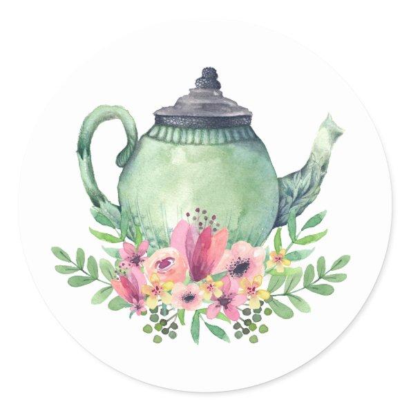 Watercolor Teapot with Floral Bouquet Classic Round Sticker