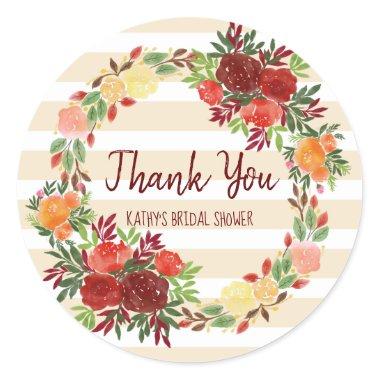 Watercolor Thank You Bridal Shower Wedding Wreath Classic Round Sticker