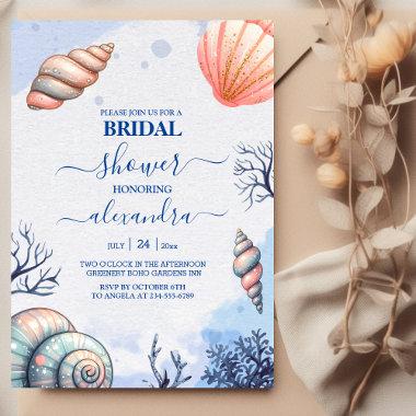 Watercolor Tropical Beach Seashells Bridal Shower Invitations