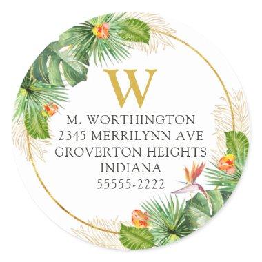 Watercolor Tropical Floral Gold Return Address Classic Round Sticker