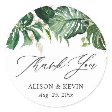 Watercolor Tropical Palm Leaves Thank You Classic Round Sticker