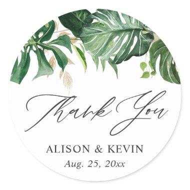 Watercolor Tropical Palm Leaves Thank You Classic Round Sticker