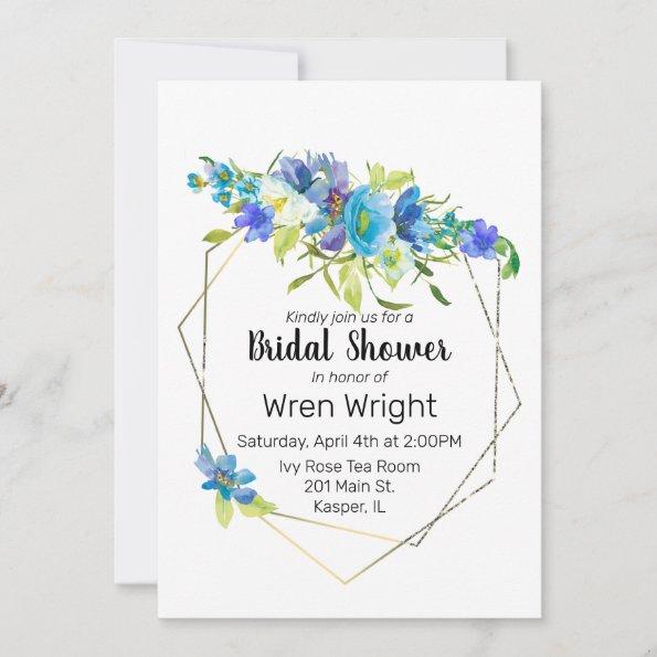 Watercolor Turquoise Blue Purple Floral Gold Frame Invitations