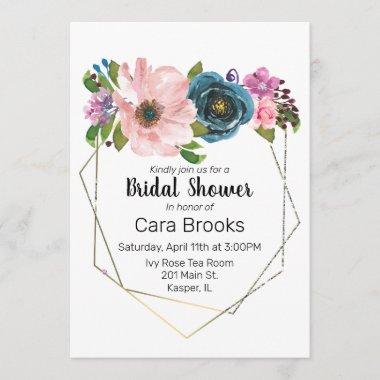 Watercolor Turquoise Blue Purple Floral Gold Frame Invitations