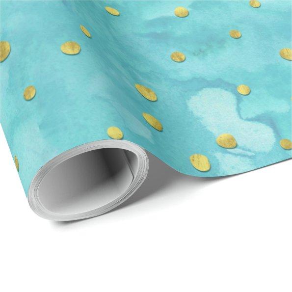 Watercolor Turquoise Faux Gold Polka Dots Gift Wrapping Paper