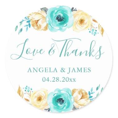 Watercolor Turquoise Gold Floral Wedding Thank You Classic Round Sticker