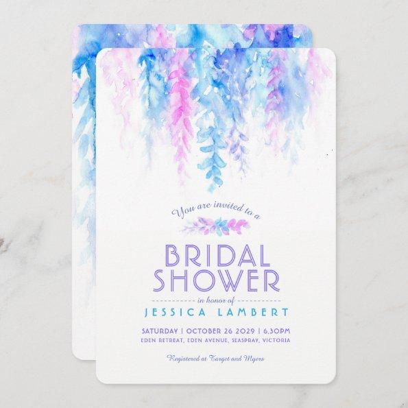 Watercolor vine blue purple bridal shower invites