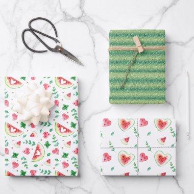 Watercolor Watermelon Hearts & Greenery Wrapping Paper Sheets