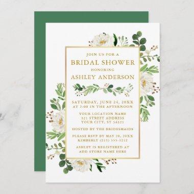 Watercolor White Floral Bridal Shower Gold Invitations