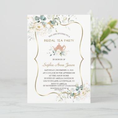 Watercolor White Floral Gold Bridal Tea Party Invitations