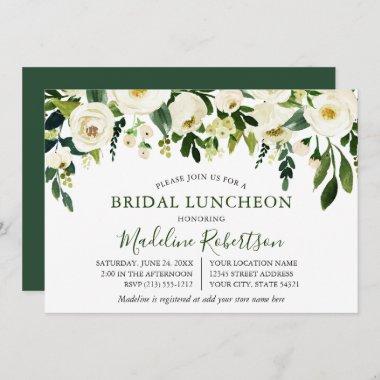 Watercolor White Floral Green Bridal Shower Lunch Invitations